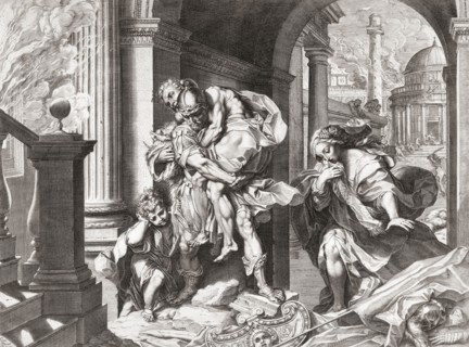 As Troy burns behind him Trojan hero Aeneas and his family flee.