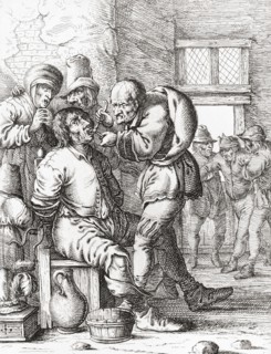 A patient is tied to a chair while a dentist extracts a tooth.