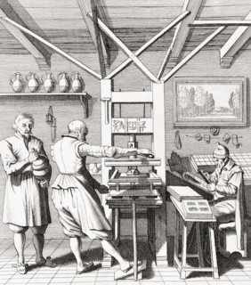 Interior of a 15th century printing press works.