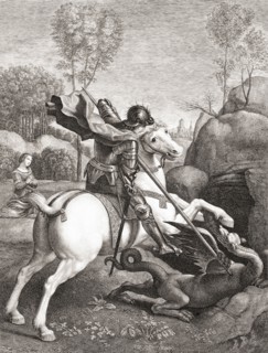 St. George and the dragon. St. George kills the dragon with his spear.