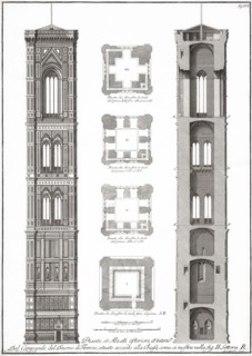 Elevation, cross section and floor plan of Giotto's Campanile beside the Dumo in Piazza del Duomo.
