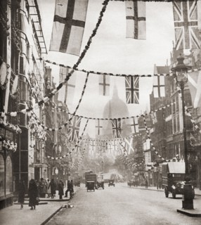 Flags and bunting hanging in Fleet Street.