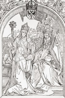 Hrotsvit of Gandersheim presents an aged emperor Otto the Great with her Gesta Oddonis.