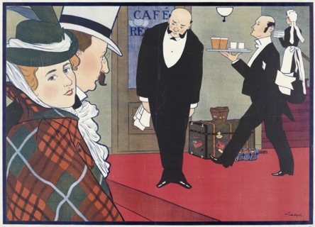 A man and a woman are greeted by the head waiter as they enter a restaurant.
