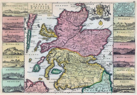 Map of Scotland dating from the early 18th century decorated with 14 small drawings or plans of important cities.