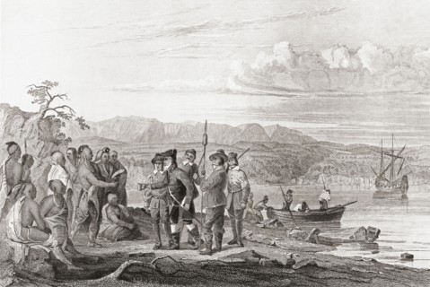 In 1609, Henry Hudson offers liquor to the Indians on the North River, now known as the Hudson River.