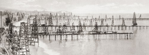 Oil wells drilled into the bed of the Pacific ocean at Summerland.