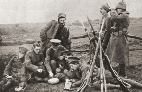 British soldiers playing cards whilst behind enemy lines during WWI.