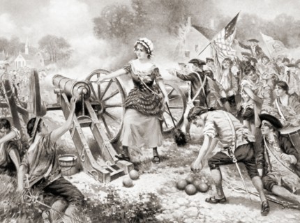 Molly Pitcher firing cannon at the Battle of Monmouth during the American Revolutionary War.