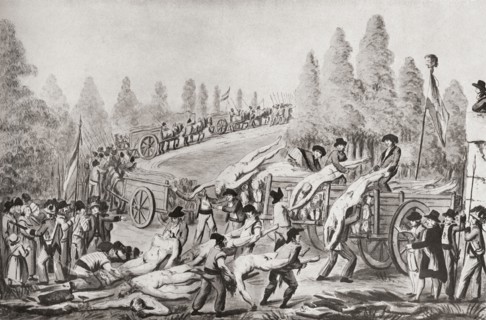 Unloading the bodies of victims during the French Revolution.