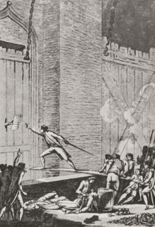 Stanislas Maillard bravely climbing on a plank over the dry moat surrounding the fortress to accept from one of the soldiers Launay's capitulation of the Bastille.