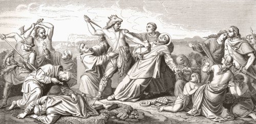 Detail of the fresco depicting The Martyrdom of Saint Boniface in Frisia in 754.