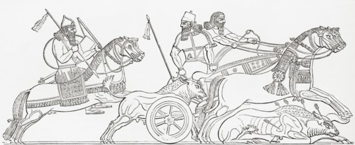 Hunting wild bull in ancient Assyria.