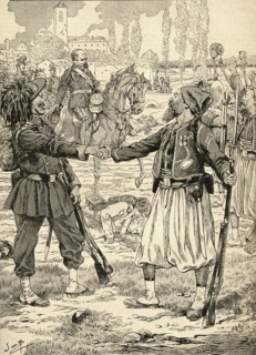French and Sardinian soldiers shaking hands to celebrate their victory against the Austrians after the Battle of Palestro.