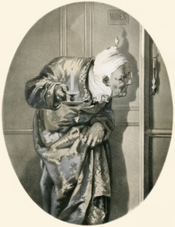 Old man spying through keyhole.