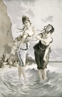 Two young ladies sea bathing in the 19th century.