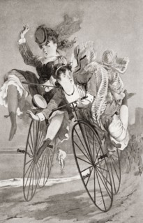 Two 19th century ladies have an accident on their bicycles.