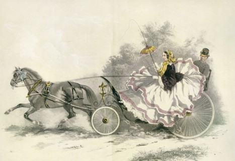 Lady wearing a crinoline and driving a 19th century horse and landau.
