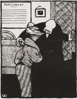 A worthy man ushers a young woman into his office.