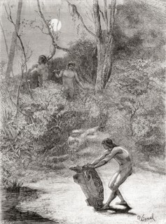 Sunos Indians hunting freshwater turtles in the Napo River.