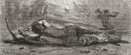 Miner Digging At Coal Mine Coalface In The 19th Century.