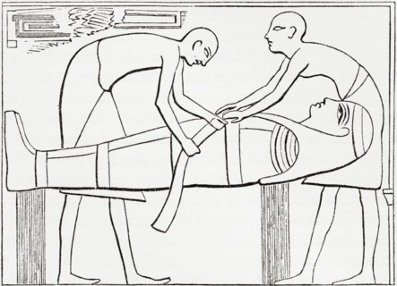 Ancient Egyptians swathing or wrapping bandages round a mummy.
