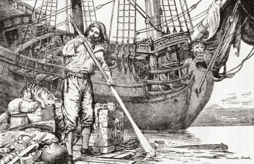 Robinson Crusoe rowing to safety on a raft after being shipwrecked.