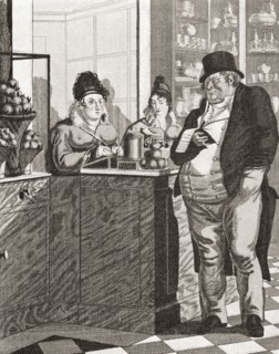 English gentleman paying the bill in a Parisian restaurant.