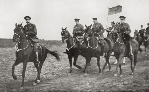 King George V and Lord Kitchener arriving at the parade ground near Aldershot for an inspection of Irish Soldiers.