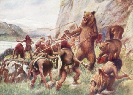 Stone age man hunting wild bears.
