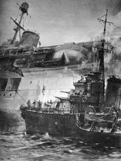 The captain of the Ark Royal after working in vain for 12 hrs descending by rope to the waiting destroyer.