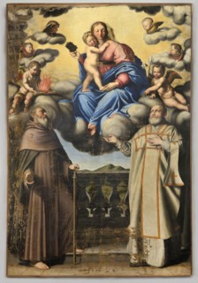 Unknown painter from the Marche region, Madonna and Saints Antonio Abate and Filippo, 17th century