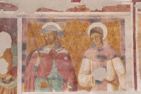Girolamo di Matteo da Gualdo Tadino, Saints Rocco and Amico, 1506, fresco.