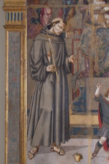 Bernardino di Mariotto, Madonna with Child Enthroned, St. Francis of Assisi, St. Anthony of Padua, St. John the Baptist and musician