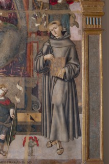 Bernardino di Mariotto, Madonna with Child Enthroned, St. Francis of Assisi, St. Anthony of Padua, St. John the Baptist and musician