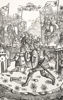 King Arthur fighting the giant, under the protection of the Virgin