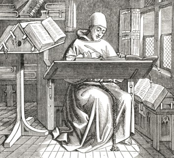 Scribe or copyist, surrounded by open books, working at his desk