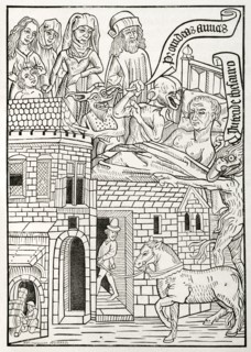 Facsimile of the fifth page from the first woodcut edition of ""Ars Moriendi""