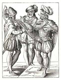 German musicians playing on the flute and goat's horn