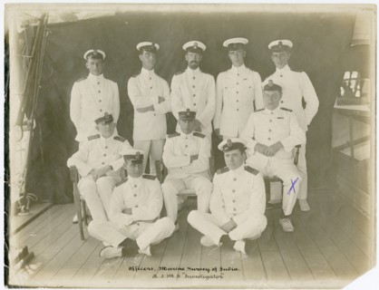 Group photograph of Officers from the Marine Survey of India on the RIMS Investigator, including George Ellis Wood.