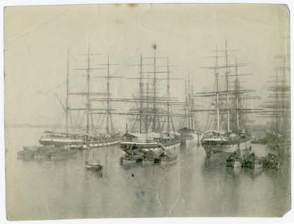 Docked sailing ships, Hooghly River, Calcutta