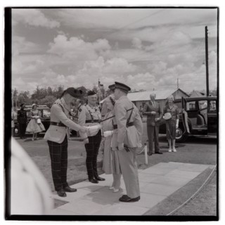 HM the Queen Mother at Cameronians (Scottish Rifles) Camp, Nairobi