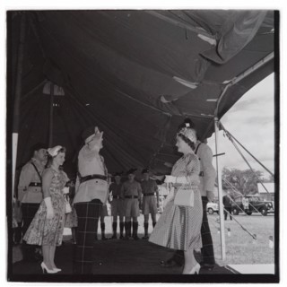 HM the Queen Mother at Cameronians (Scottish Rifles) Camp, Nairobi