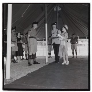 HM the Queen Mother at Cameronians (Scottish Rifles) Camp, Nairobi