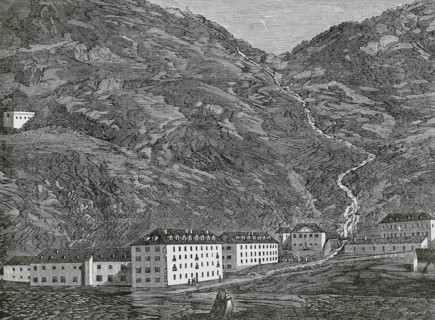 Spain, Aragon, Huesca province. Panticosa Baths. Panoramic view of the thermal complex. Engraving