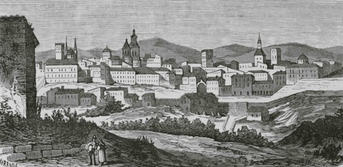 Spain, Aragon, Teruel. View of the city. Illustration by Fernando Miranda. Engraving by Sierra.