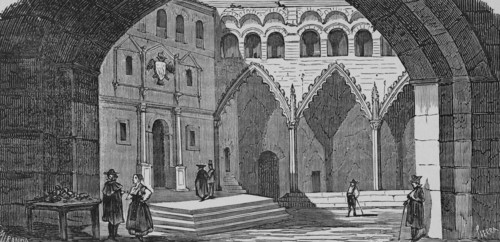 Spain, Aragon, Teruel province, Alcañiz. Porticos of the Square (now Spain Square). Illustration by