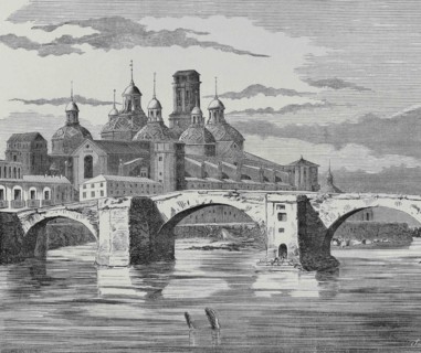 Spain, Aragon. Zaragoza. General view of the Pilar Basilica. Illustration by Vicente Urrabieta.