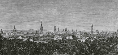 Spain, Aragon. Zaragoza. Panoramic view of the city. Engraving by Sierra. Cronica General de