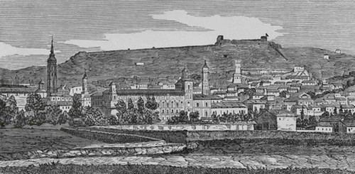Spain, Aragon, Zaragoza province, Calatayud. Panoramic of the town. Engraving by Sierra. Cronica